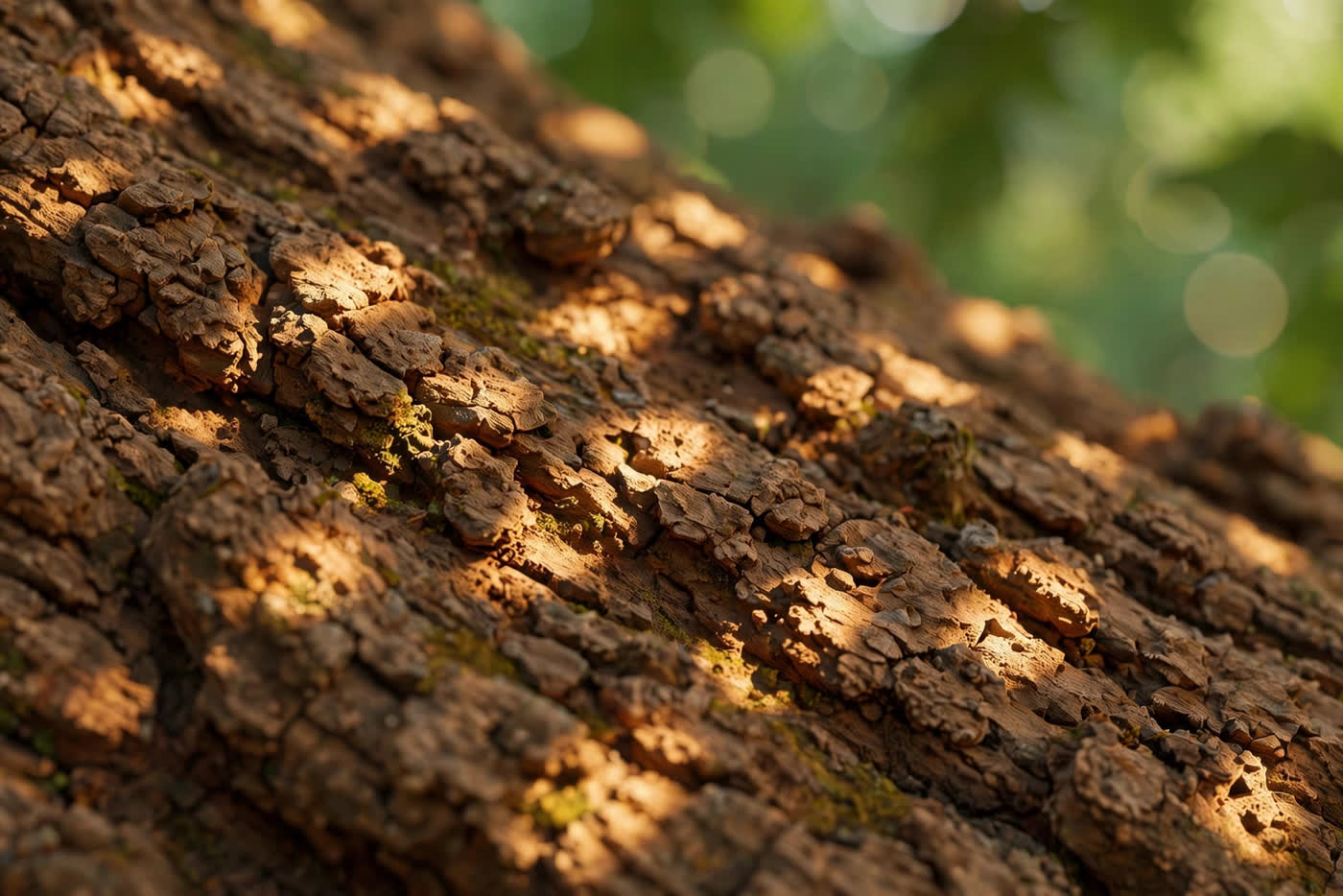 Dappled sunlight on tree bark