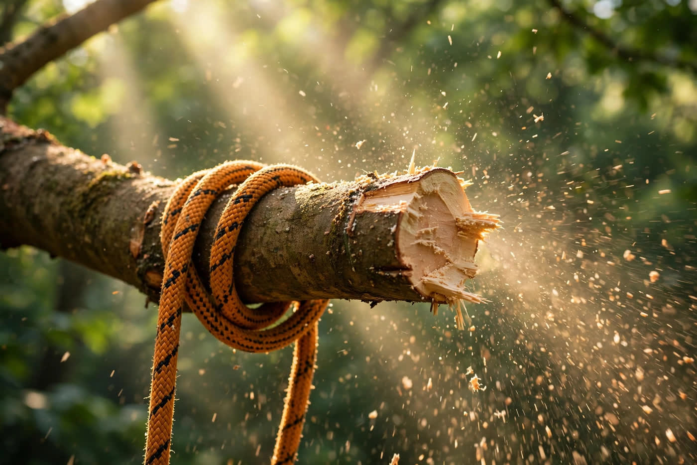 Tree trimming work: rope on a freshly cut branch